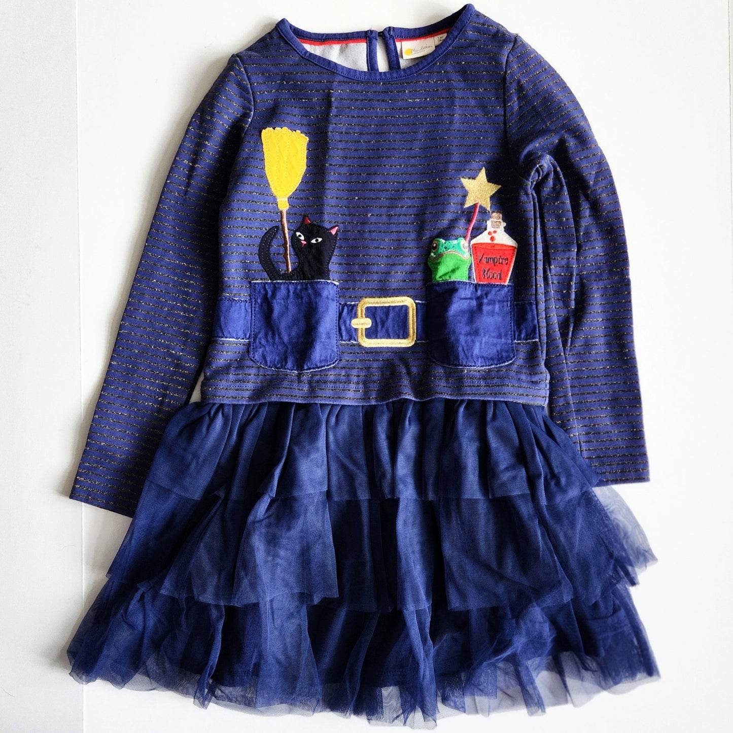 Mini Boden Girls Halloween Witch Dress Tulle Party Starboard Blue Cat Frog Vampire Blood Size 7-8Y
