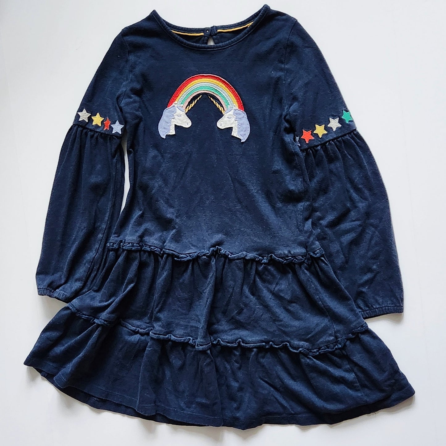 Mini Boden Navy Rainbow Unicorn Appliqué Dress | Girls Size 7-8 (128 cm) | Long Sleeve Tiered Twirl Dress