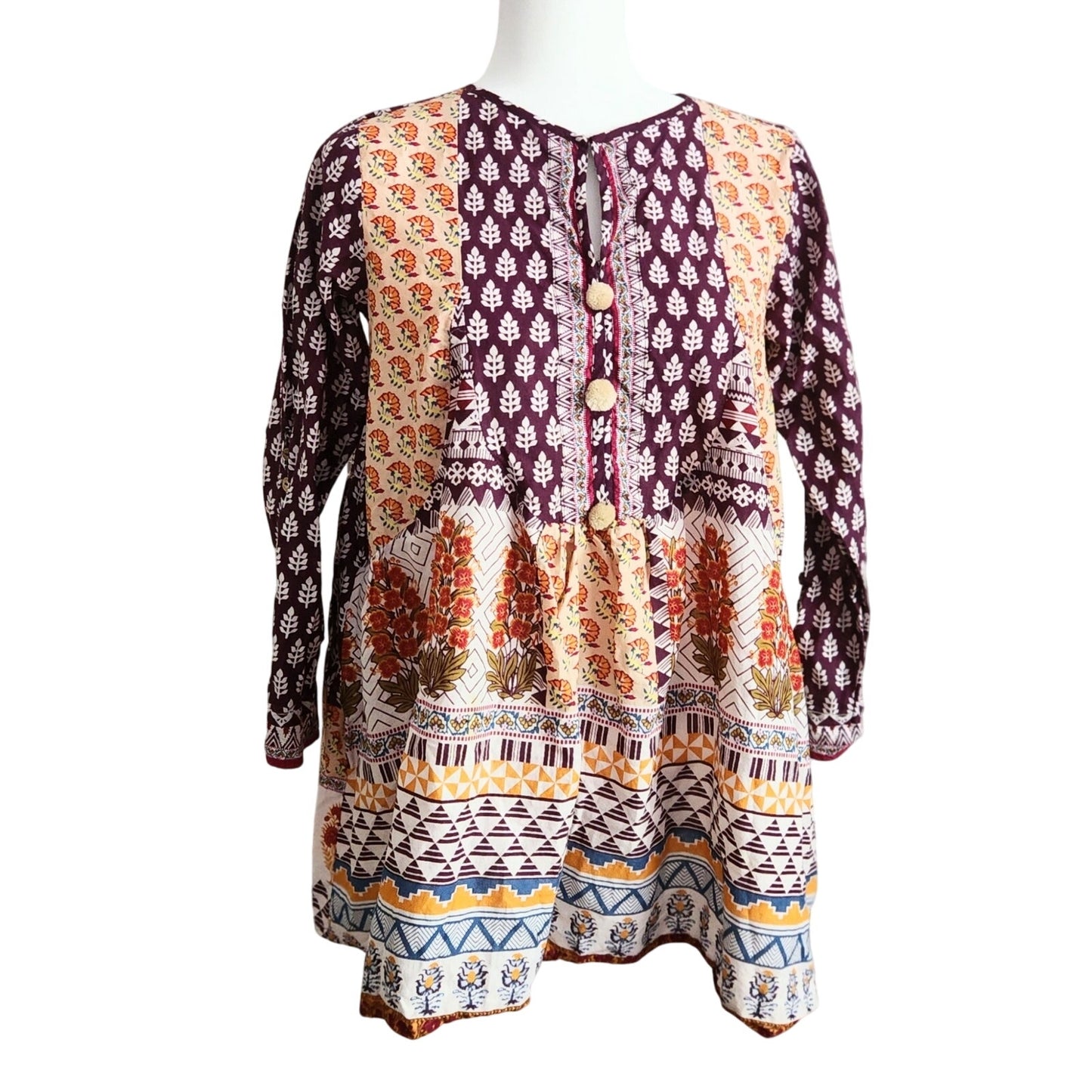 Khaadi Cotton Pom Pom Long Sleeve Flare Tunic Boho Artisan Print | Women Size 8