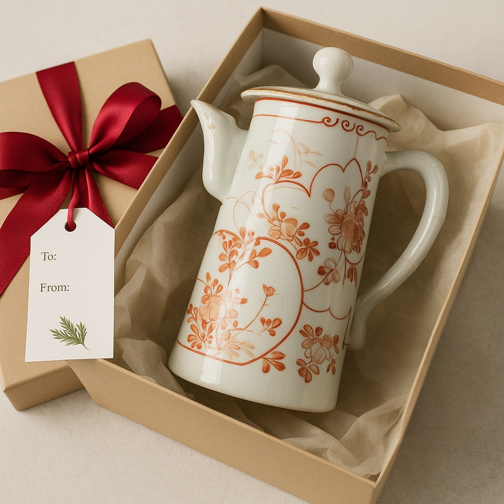 Antique Japanese Chocolate Pot | Early 20th Century Porcelain | Red Orange Floral Design with Gold Gilding | Bamboo Handle | Asian Decorative Teapot 7.5"