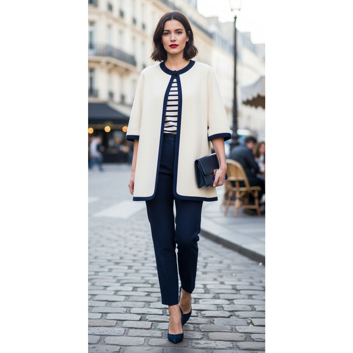 Retro-Inspired Cream Cape Jacket with Navy Trim | Classic Mod Style | Open Front