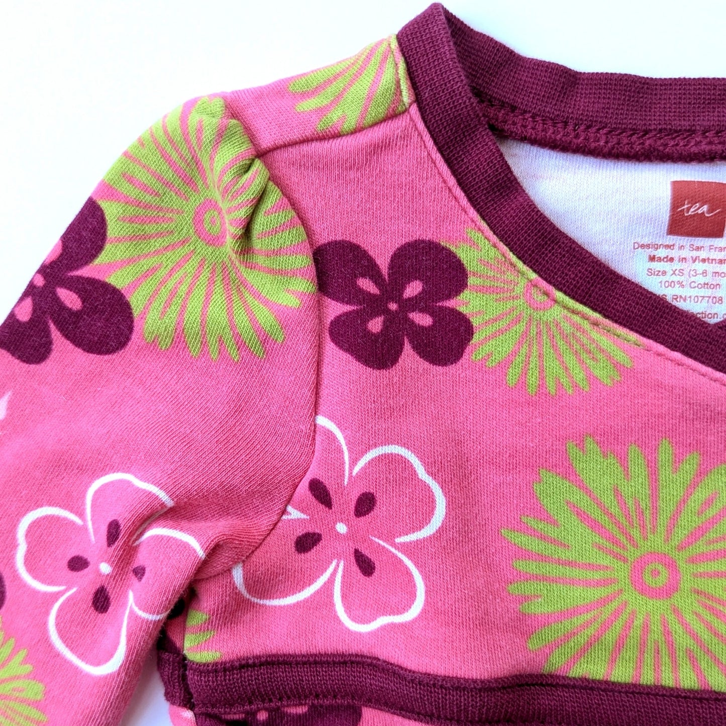 Tea Collection	Pink & Green Floral Bird Wrap Dress Infant Sz XS 3-6 mos EUC