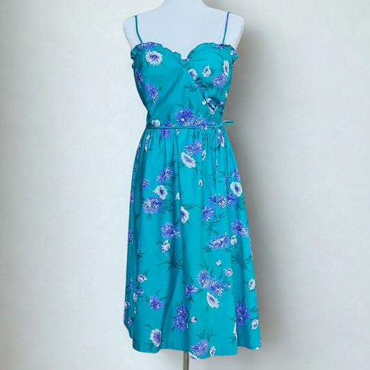 Malia Women's Vintage 1970s Teal & Purple Floral Sweetheart Tea Dress Size M