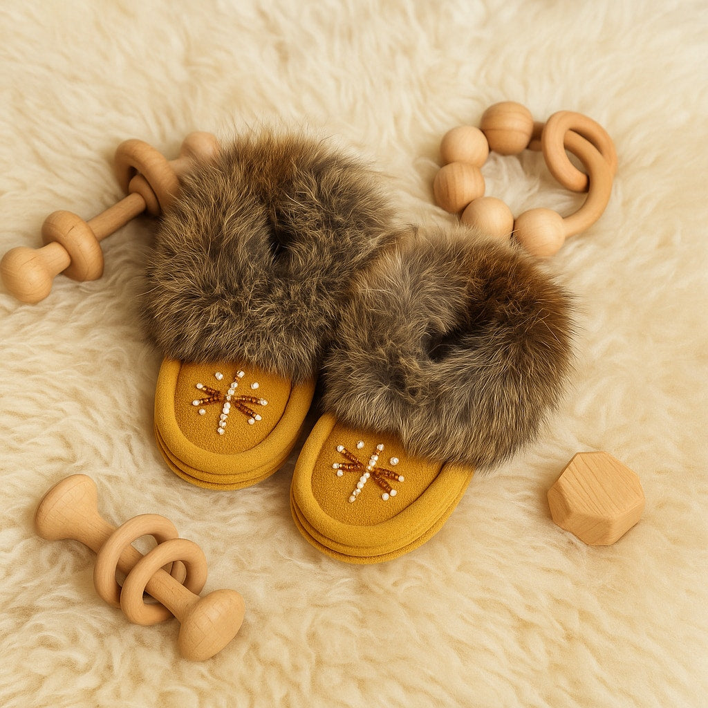 Laurentian Chief Baby Moccasins | Rabbit Fur Trim | Hand-Beaded | Size 4 | Suede Leather | Made in Canada