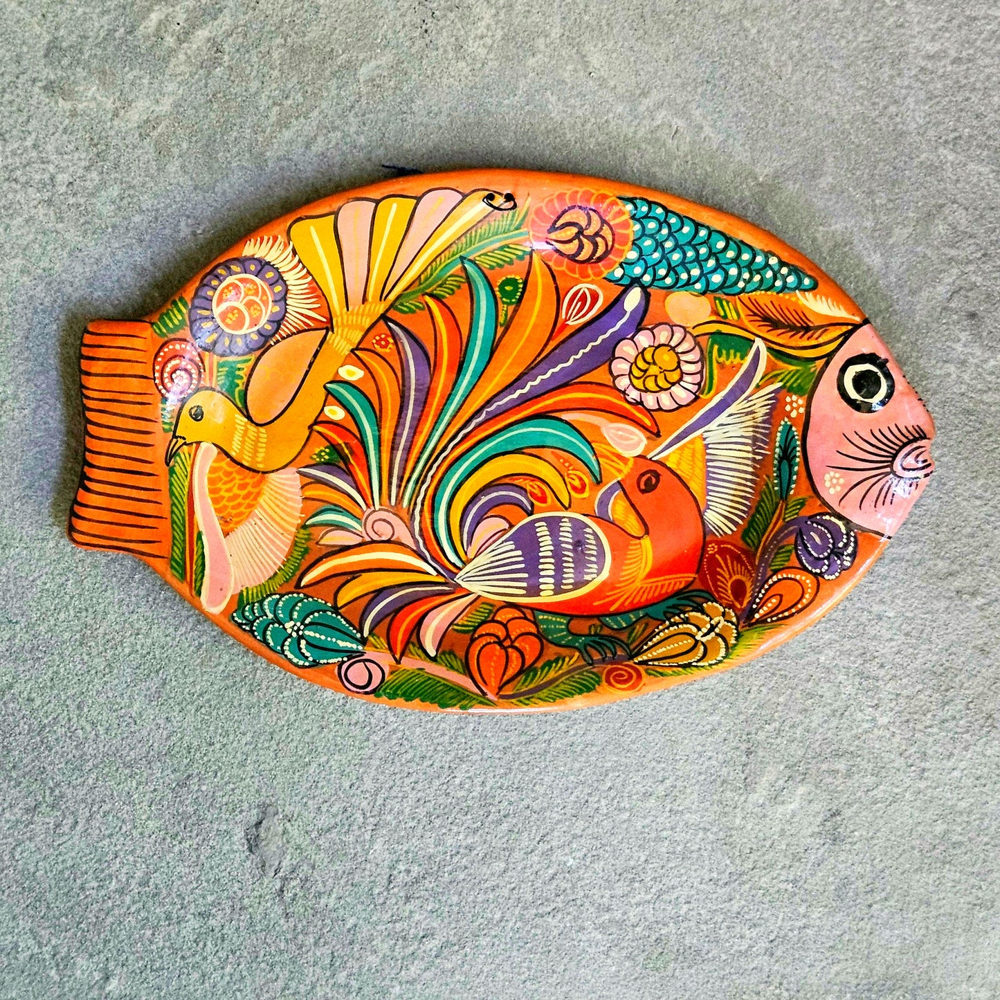 1980s Hand Painted Folk Art Terracotta Fish Tray Wall Plaque