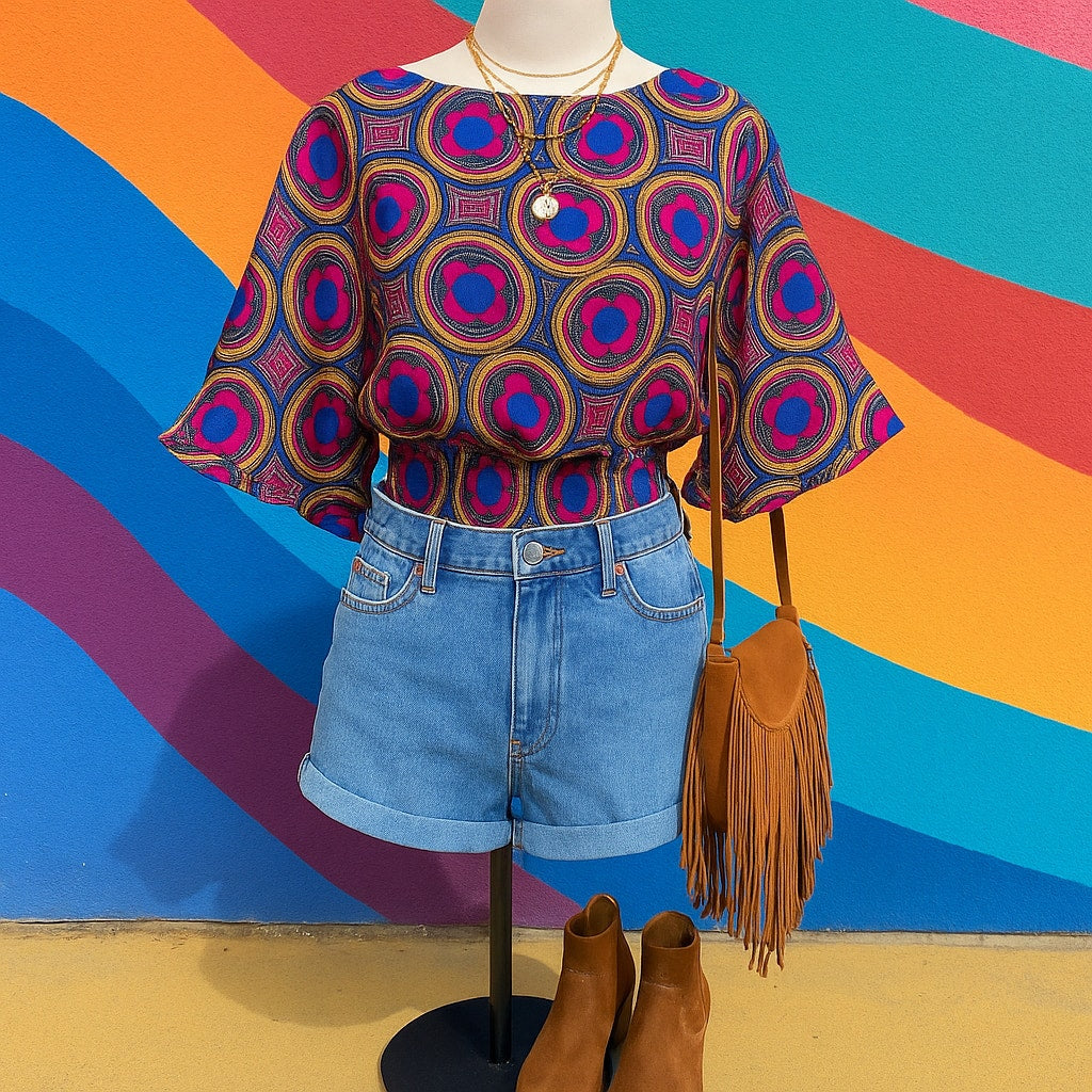 Anthropologie Maeve Miro Dolman Blouse – Retro Mod Silky Top Pink Blue | Women's Size XS