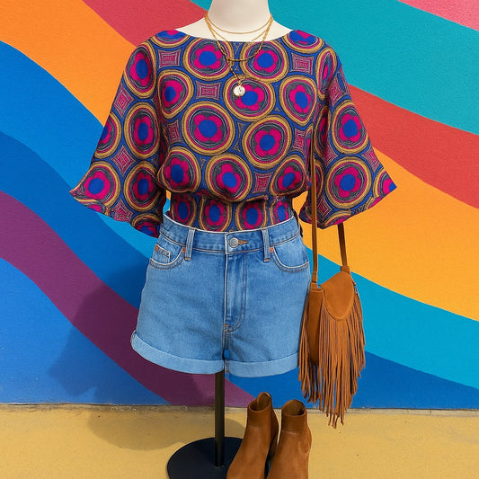 Anthropologie Maeve Miro Dolman Blouse – Retro Mod Silky Top Pink Blue | Women's Size XS