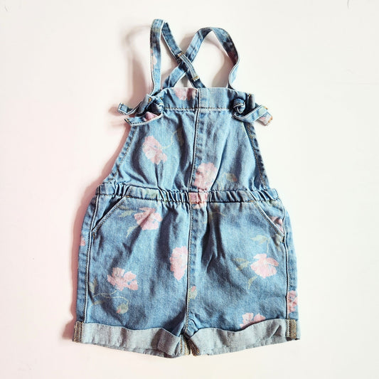 OshKosh B'gosh Pink Flower Adjustable Knotted Straps Denim Shortalls Size 2T