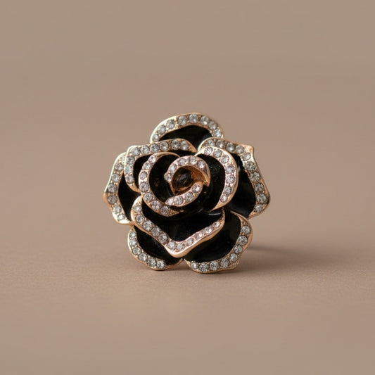 Vintage Rose Gold Tone Rose Brooch | 1990s Black Enamel & Rhinestone Flower Pin