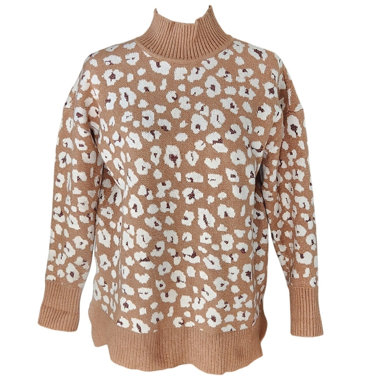 Leopard Print Mock Neck Sweater | Tan & White Metallic Accent | Women's M