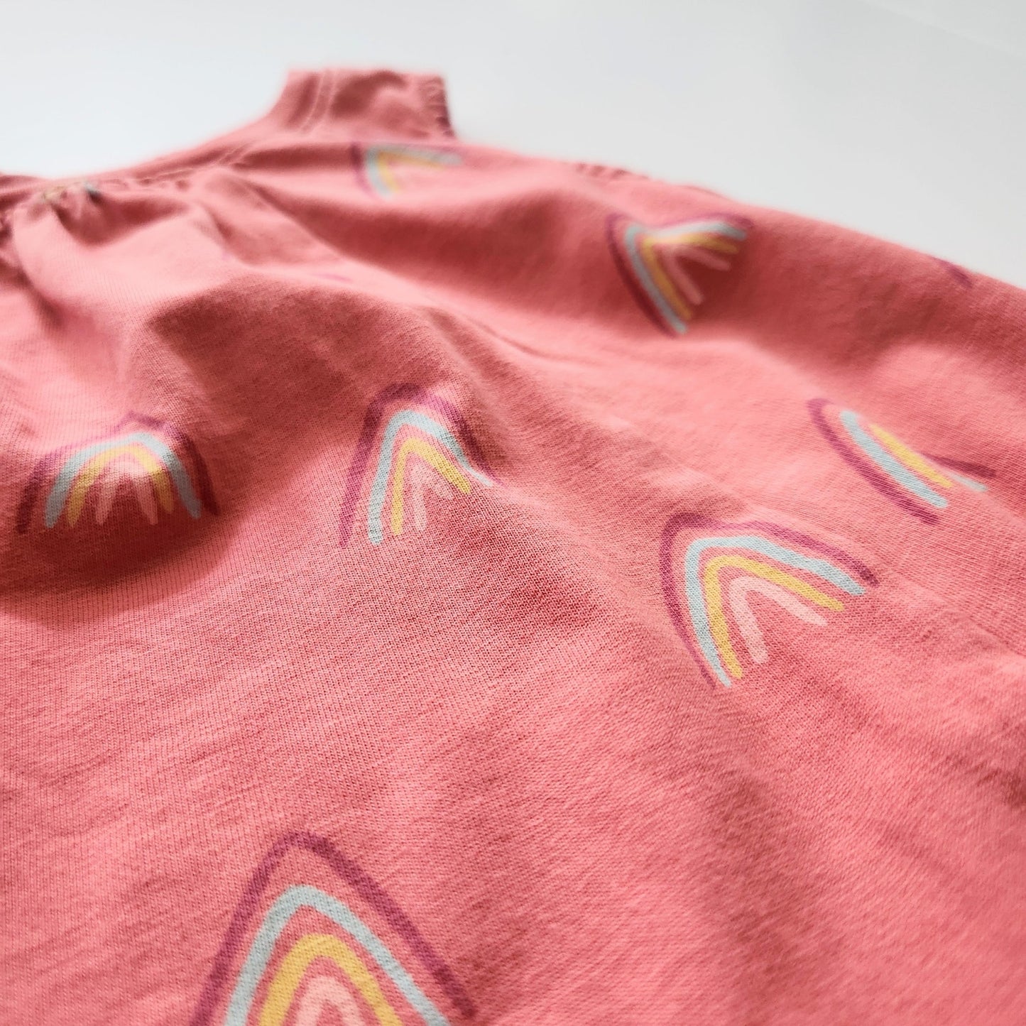 Tea Collection Coral Pink Sleeveless Rainbow Cotton Trapeze Dress Size 5 EUC