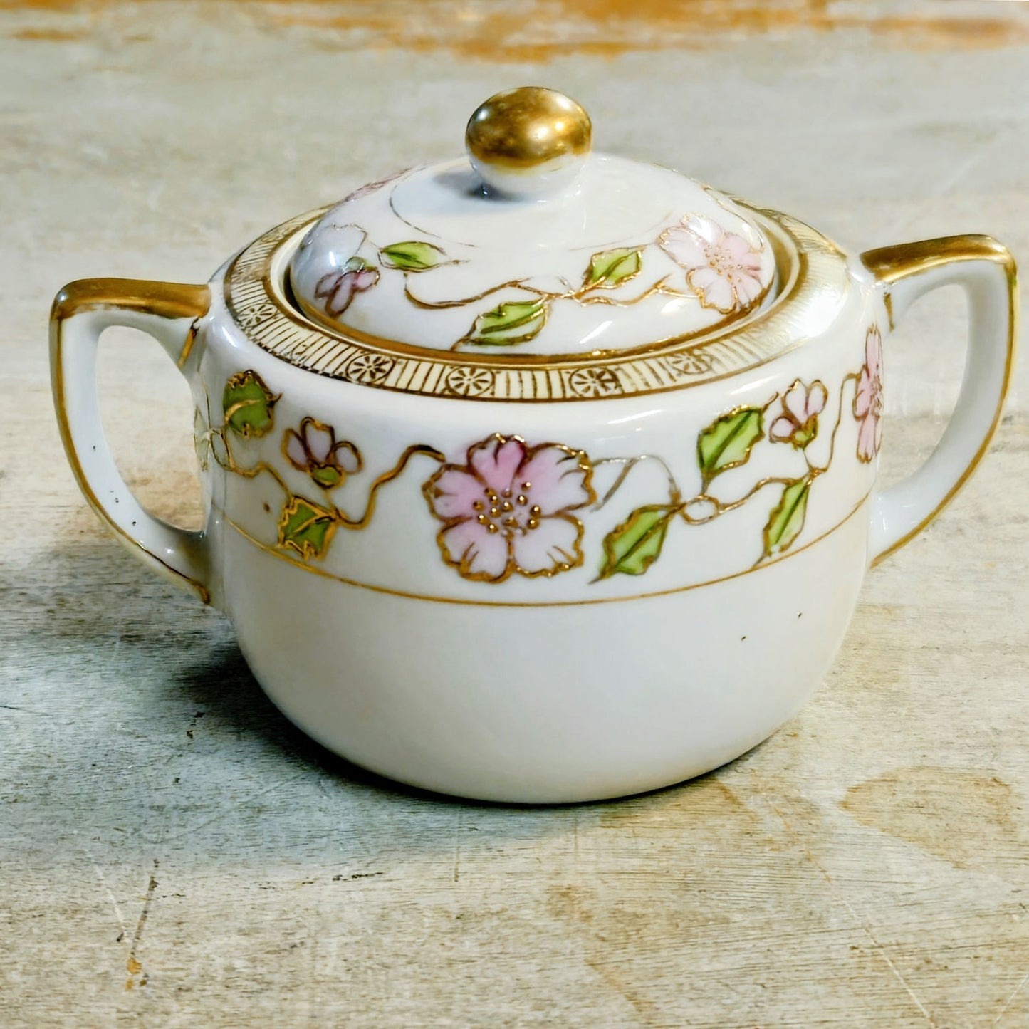 Antique Japanese Nippon Porcelain Cherry Blossom Creamer & Covered Sugar Bowl