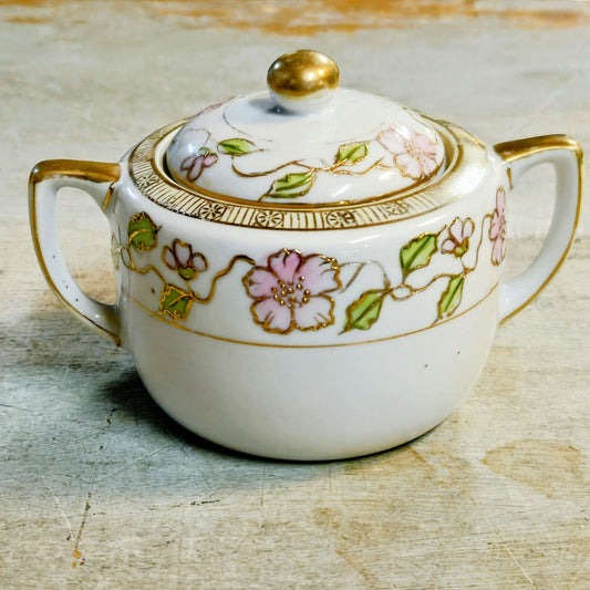 Antique Japanese Nippon Porcelain Cherry Blossom Creamer & Covered Sugar Bowl