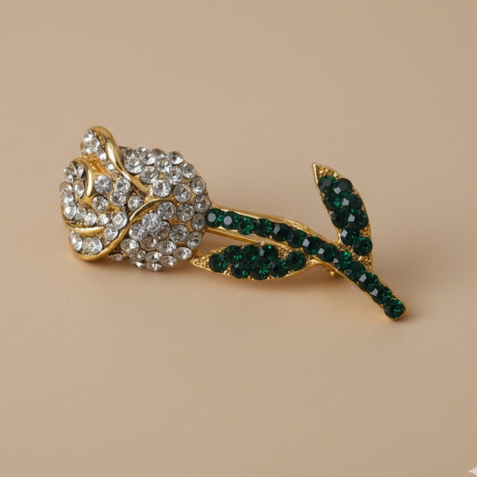 Vintage Jonette JJ Rose Brooch | 1980s Gold Tone Rhinestone Flower Pin | Emerald Green & Clear Crystal