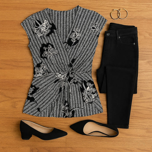 Anthropologie Deletta Lorine Faux Wrap Top | Black White Floral Chevron | Women's M