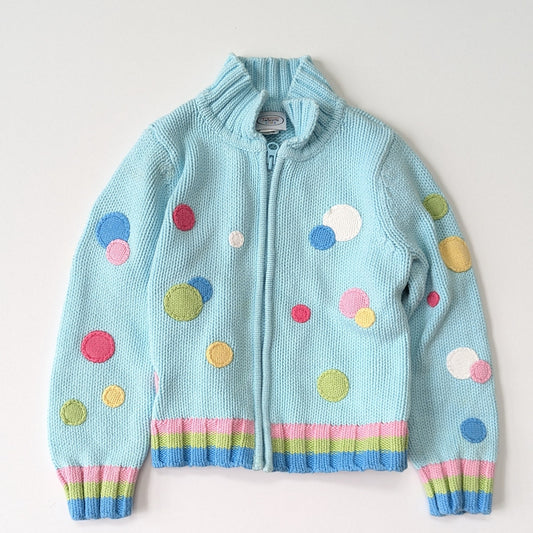 Talbots Kids Vintage 1990s Girls Knit Cardigan | Size 6 | Turquoise Cotton Sweater with Colorful Polka Dots | Zip Closure