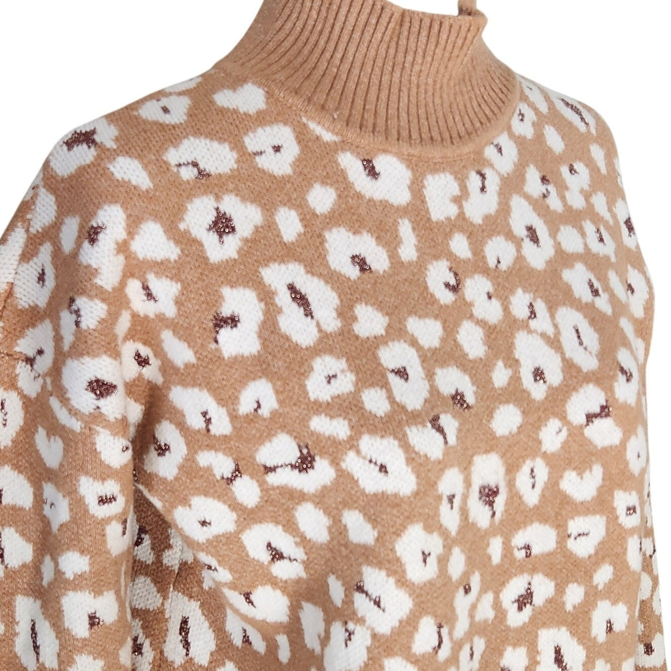 Leopard Print Mock Neck Sweater | Tan & White Metallic Accent | Women's M