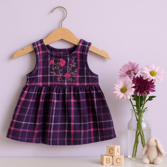 McKids Vintage 1990s Baby Girl Jumper Dress | Pink Purple Plaid Floral Embroidery | Size 18M Cotton Toddler Dress