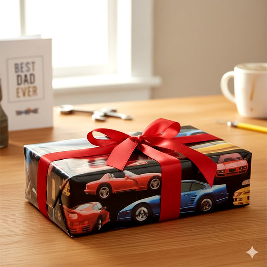 Vintage Hallmark Gift Wrap – Sports Cars Wrapping Paper – 2 Sheets, 1980s Expressions by Hallmark – Classic Car Gift Wrap – Retro Auto Party Supplies