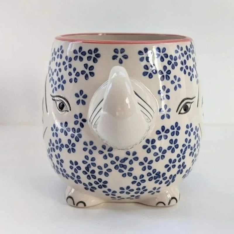 🐘 Yokohama Studio Japan Ceramic & Enamel Blue Floral Elephant Mug – Reproduction | Home