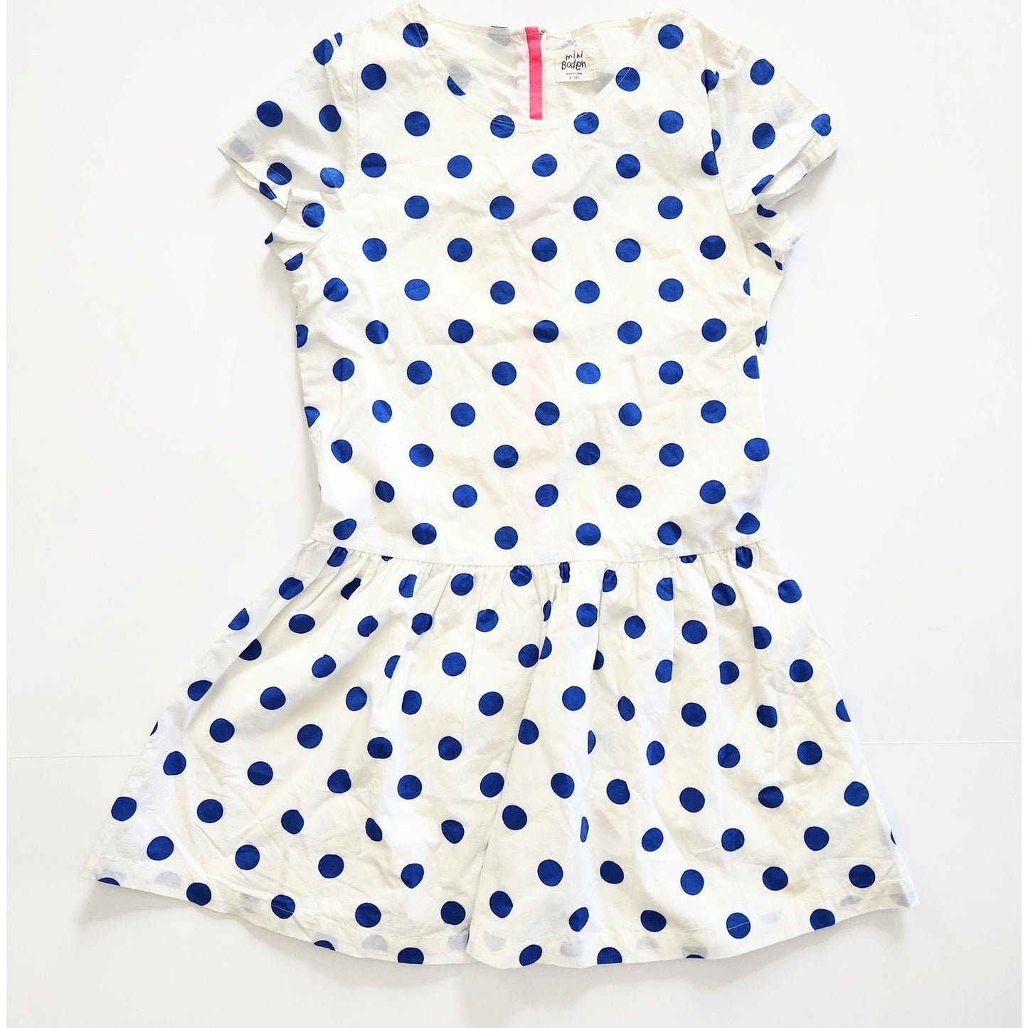 Mini Boden White w/ Bue Polka Dots Short Sleeved Dress Size 11-12 Y