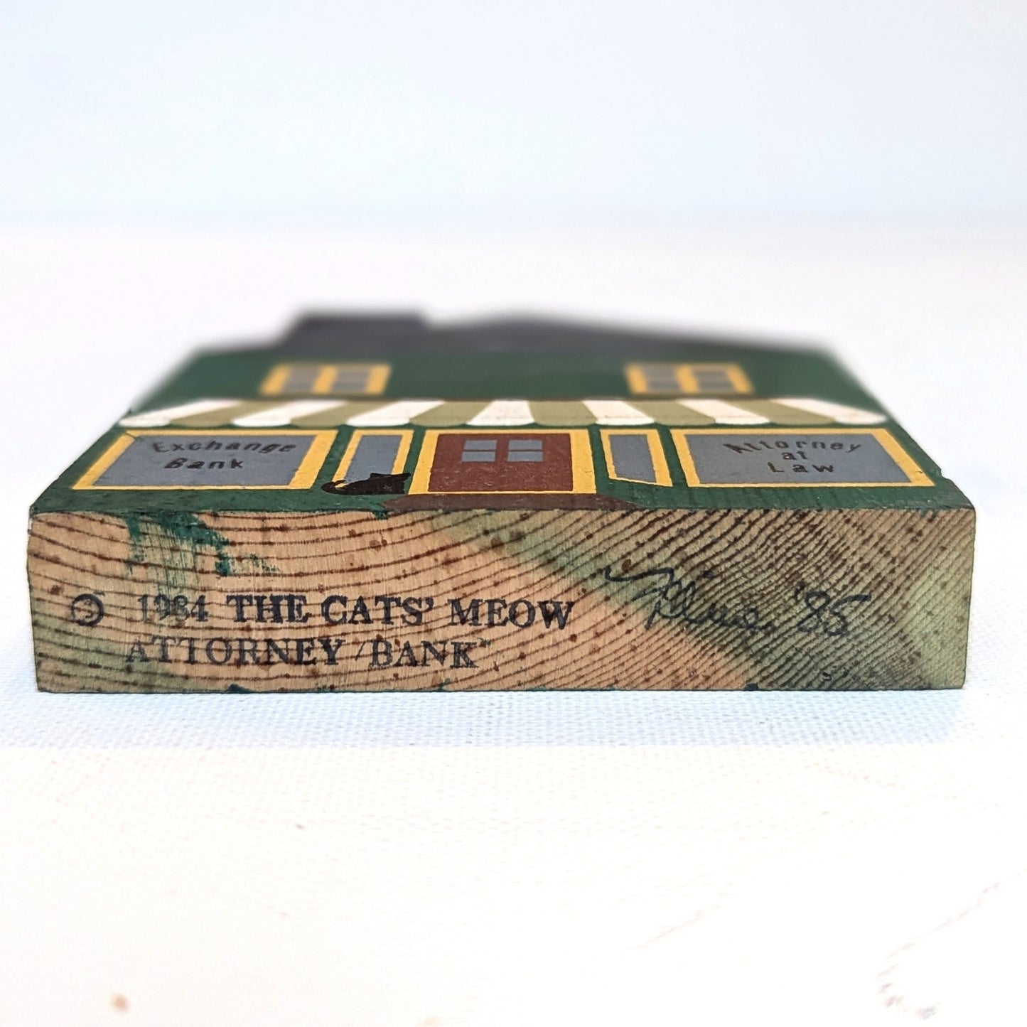 Cat’s Meow Village 1984 Attorney & Bank Green House Shelf Sitter – Vintage 1985 Signed Faline Jones Wooden Home Collectible