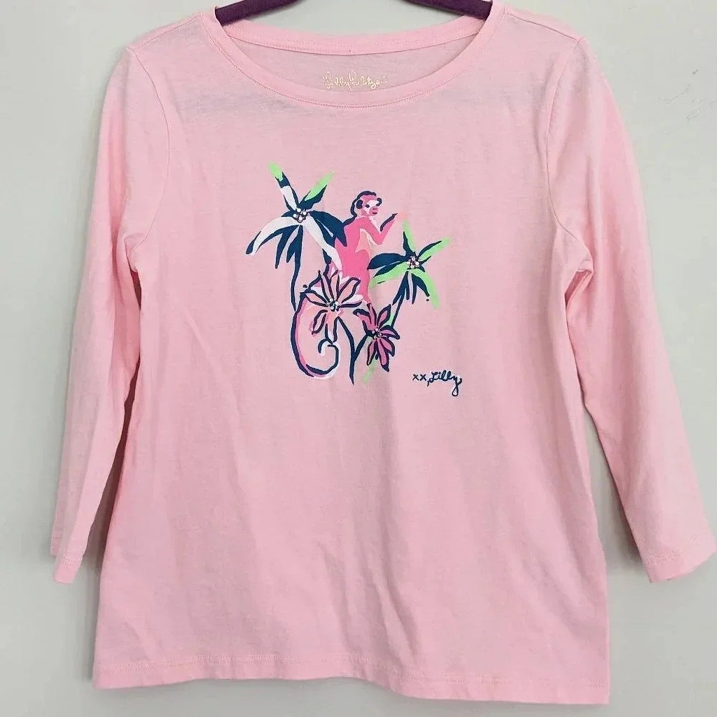 Girls’ Pink Jeweled Monkey Graphic 3/4 Sleeve Tee | Size M 8-10
