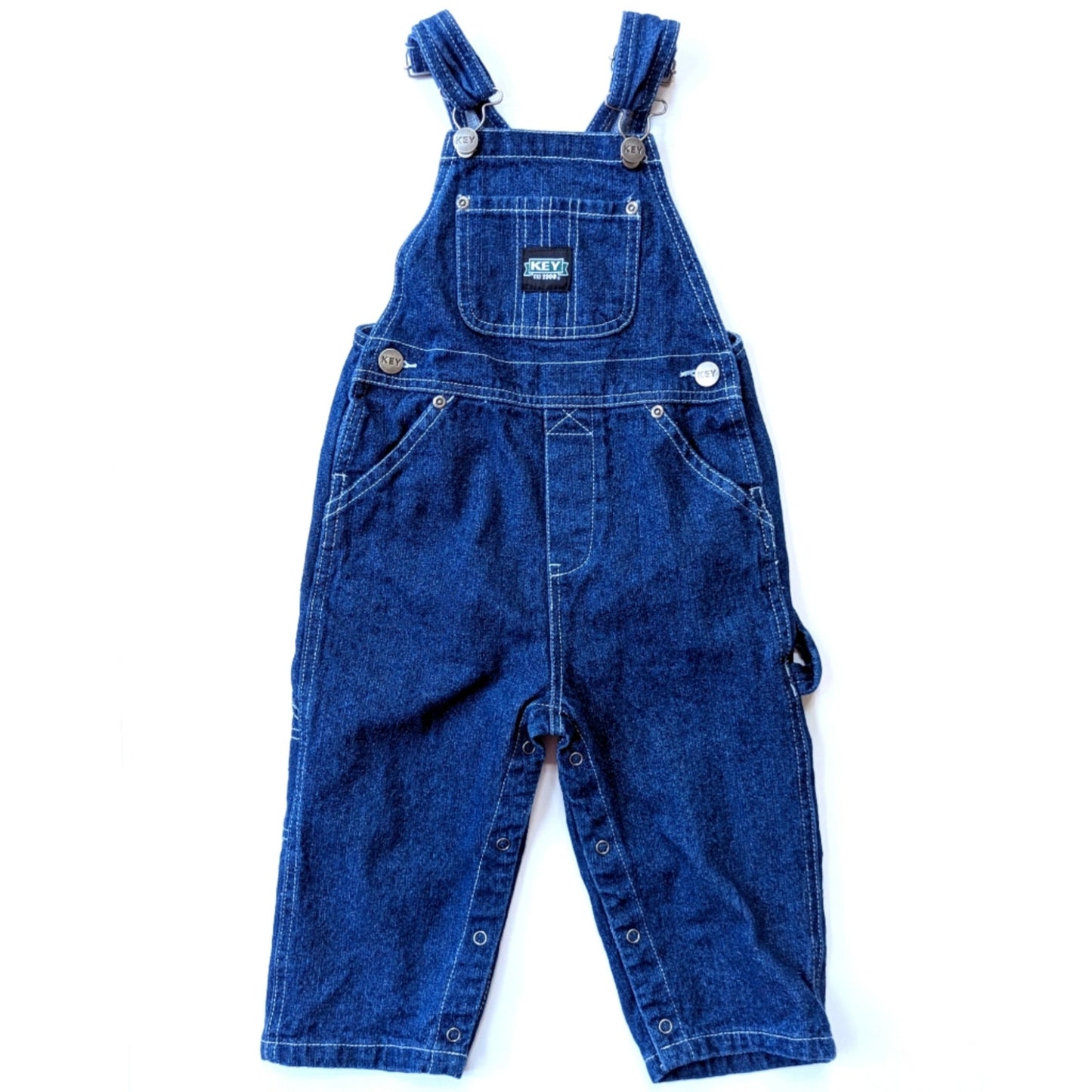 Key Infant Bib Overalls - Dark Cotton Denim - Leg Snaps | Size 18 Months