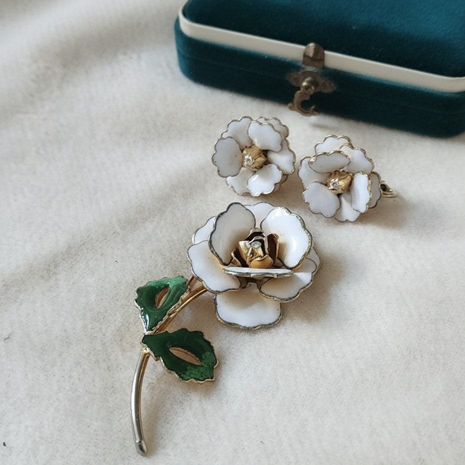 Mid-Century White Enamel Gardenia Flower Brooch & Clip-On Earrings Set