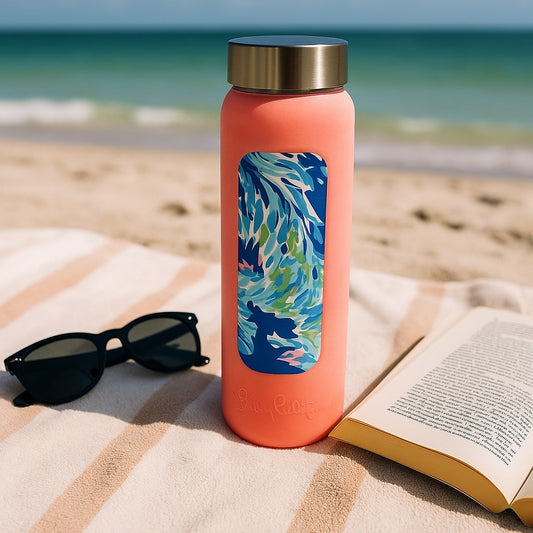 Lilly Pulitzer Coral Glass Water Bottle with Silicone Sleeve – Reusable & Eco-Friendly | Home