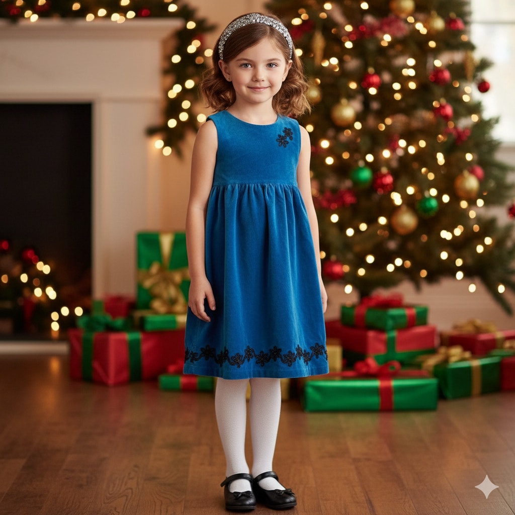 Hanna Andersson Girls Blue Velvet Jumper Dress | Size 130 (6-7) Black Ribbon Floral Detail