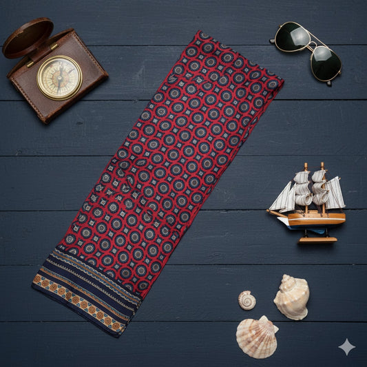 Vintage 1990s Women's Club 7 Echo Silk Scarf – Red & Navy Geometric Print – 26"x11"