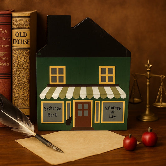 Cat’s Meow Village 1984 Attorney & Bank Green House Shelf Sitter – Vintage 1985 Signed Faline Jones Wooden Home Collectible