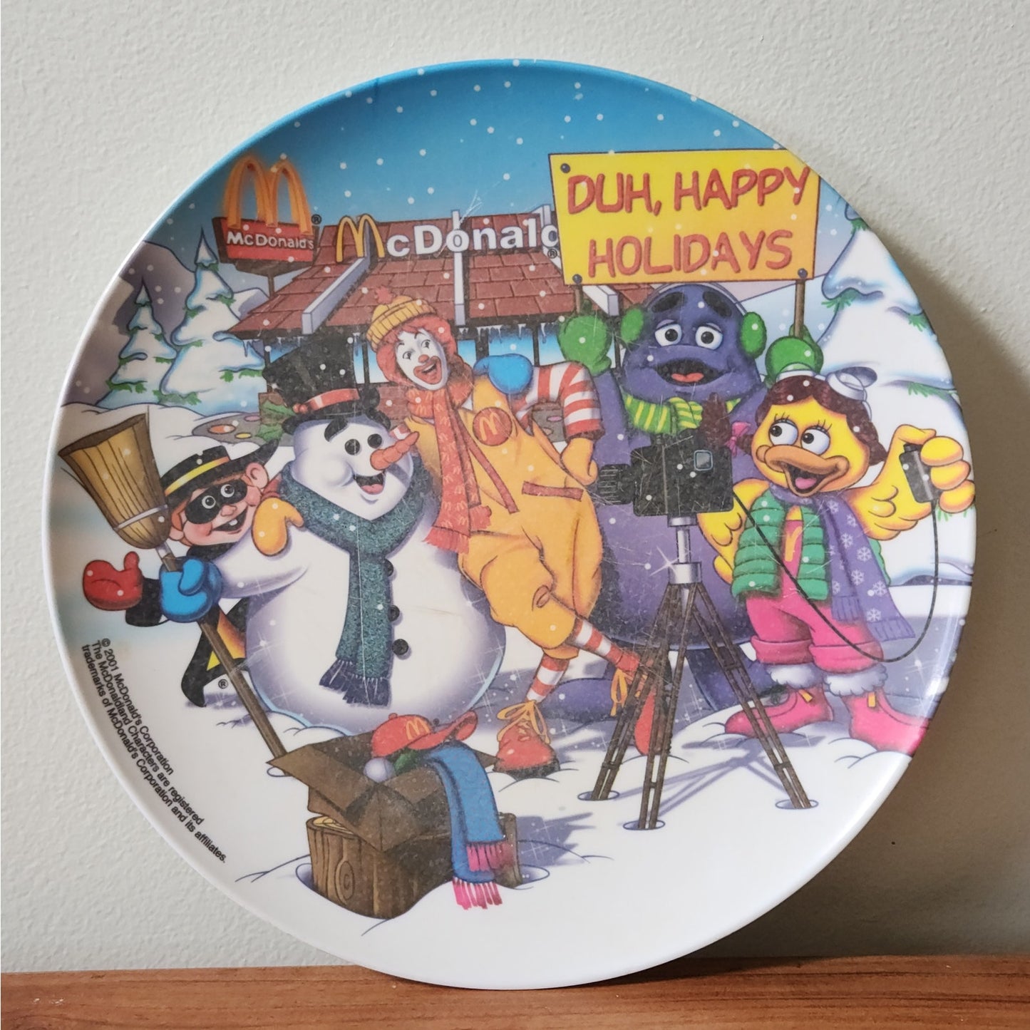 Vintage McDonald’s Holiday Gift Bundle | 2001 “Duh, Happy Holidays” Plate & 1985 Plush Reindeer Ornament