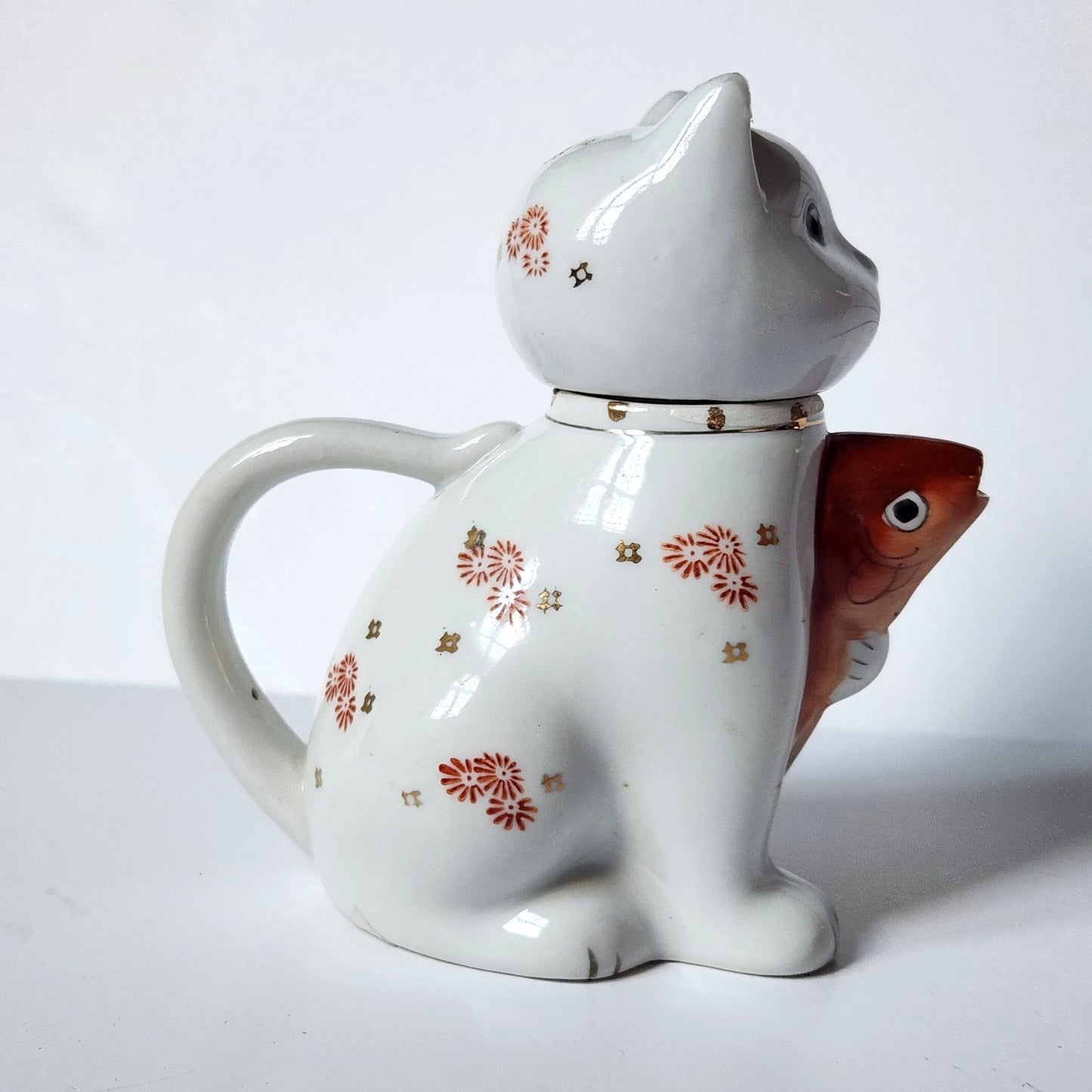 Vintage Cat & Koi Porcelain Teapot • Hand-Painted Lid/Spout • Metallic Gold