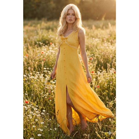 1960s Yellow Daisy Trim Flower Child Maxi Dress | Women's 10-12