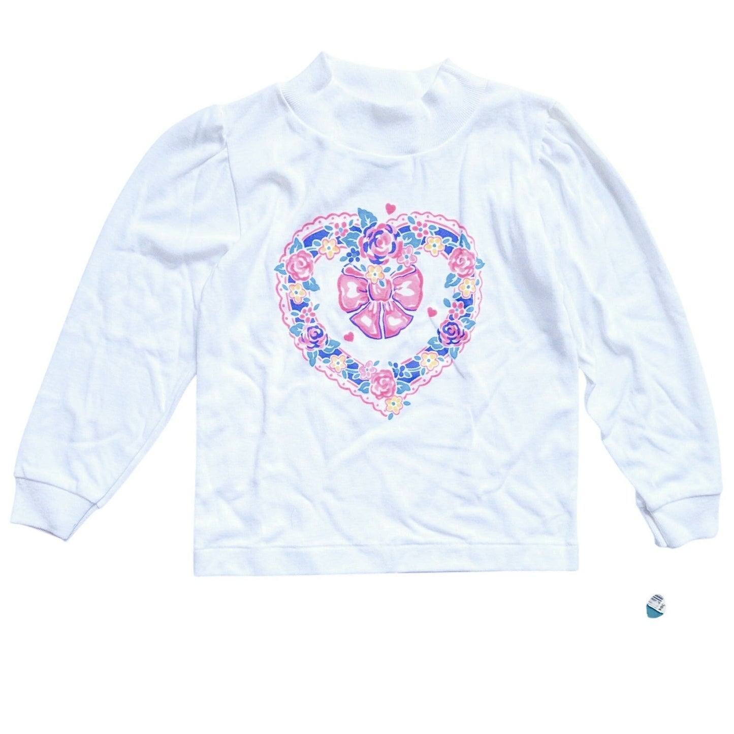 Healthtex Vintage 1980s Girls Mock Turtleneck Shirt – White Long Sleeve, Heart Wreath Bow Print, Retro Toys R Us – Size 5 – Made in USA NWT