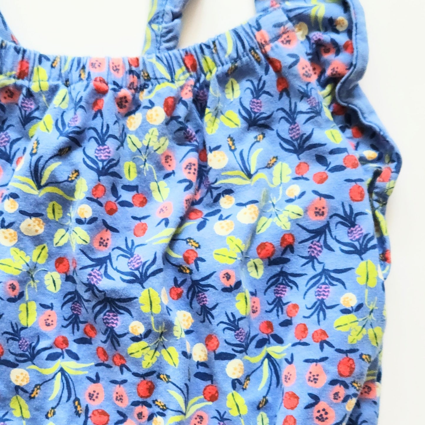Tea Collection Girls Blue Cotton Floral Ruffle Strap Romper Jumper | Size 5