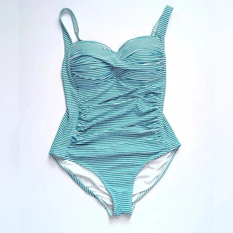 NipTuck Swim Torino Stripe Joanne One Piece Swimsuit Size 8 Green Teal White Stripe Tummy Control