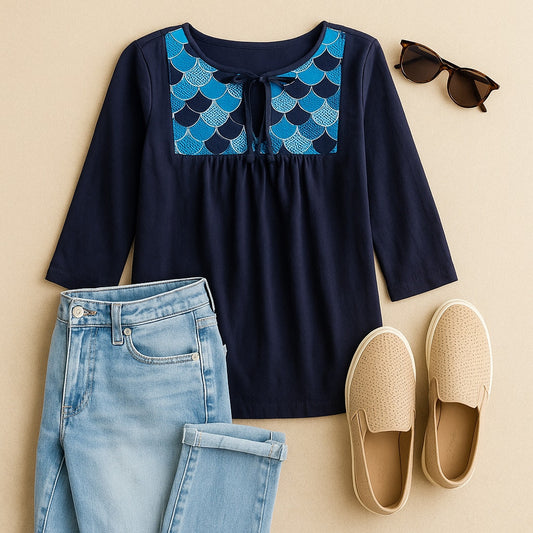 Boden Women's Blue 3/4 Sleeve Cotton Boho Embroidered Bib Tunic Top US 6 | UK 10