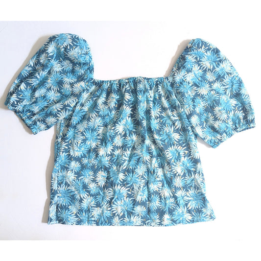 Michael Kors Women's Off Shoulder Metallic Gold Detail Floral Blouse in Nassau Teal Size S