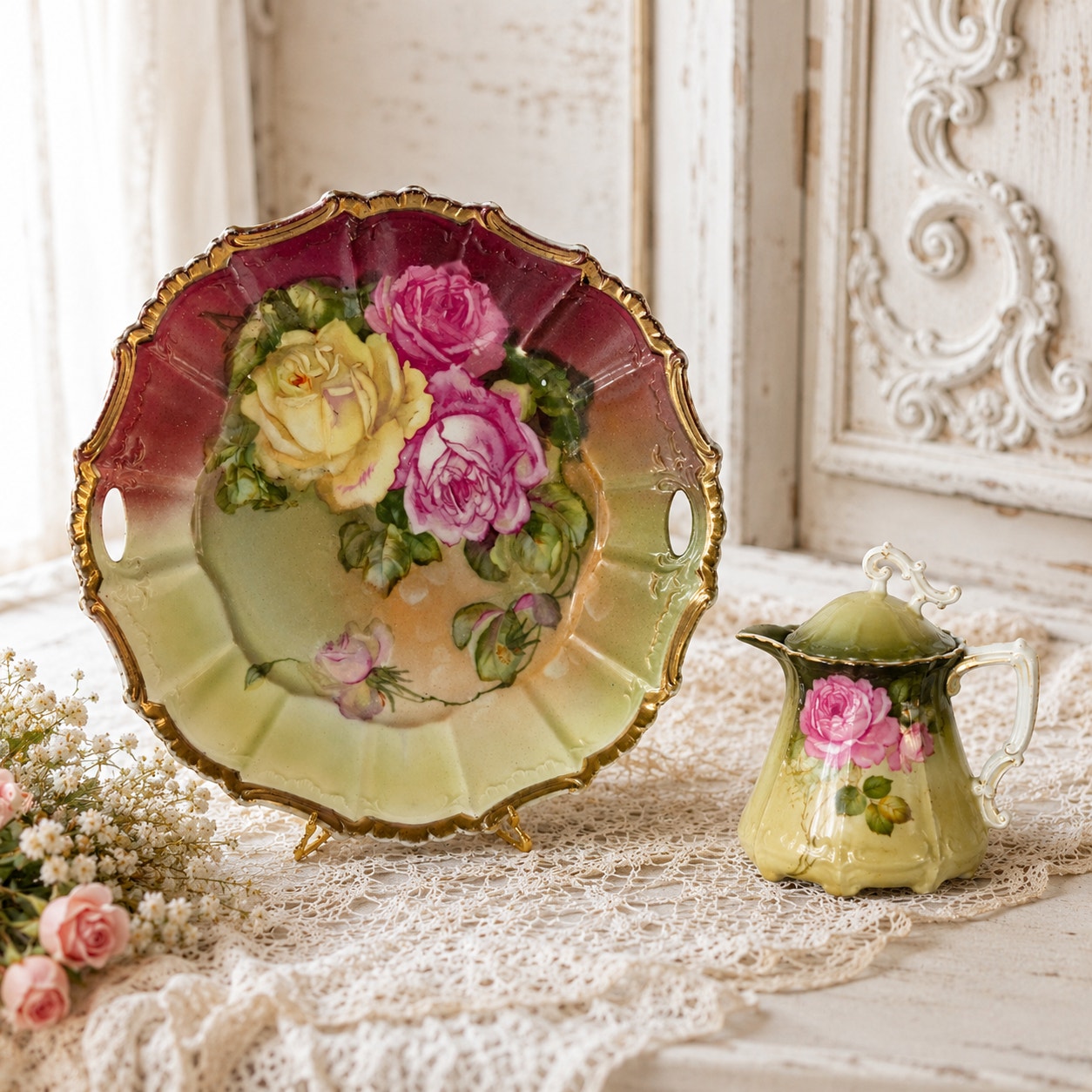 Antique Kuno Steinmann Tiefenfurt Porcelain Cake Plate | Roses à la Paris