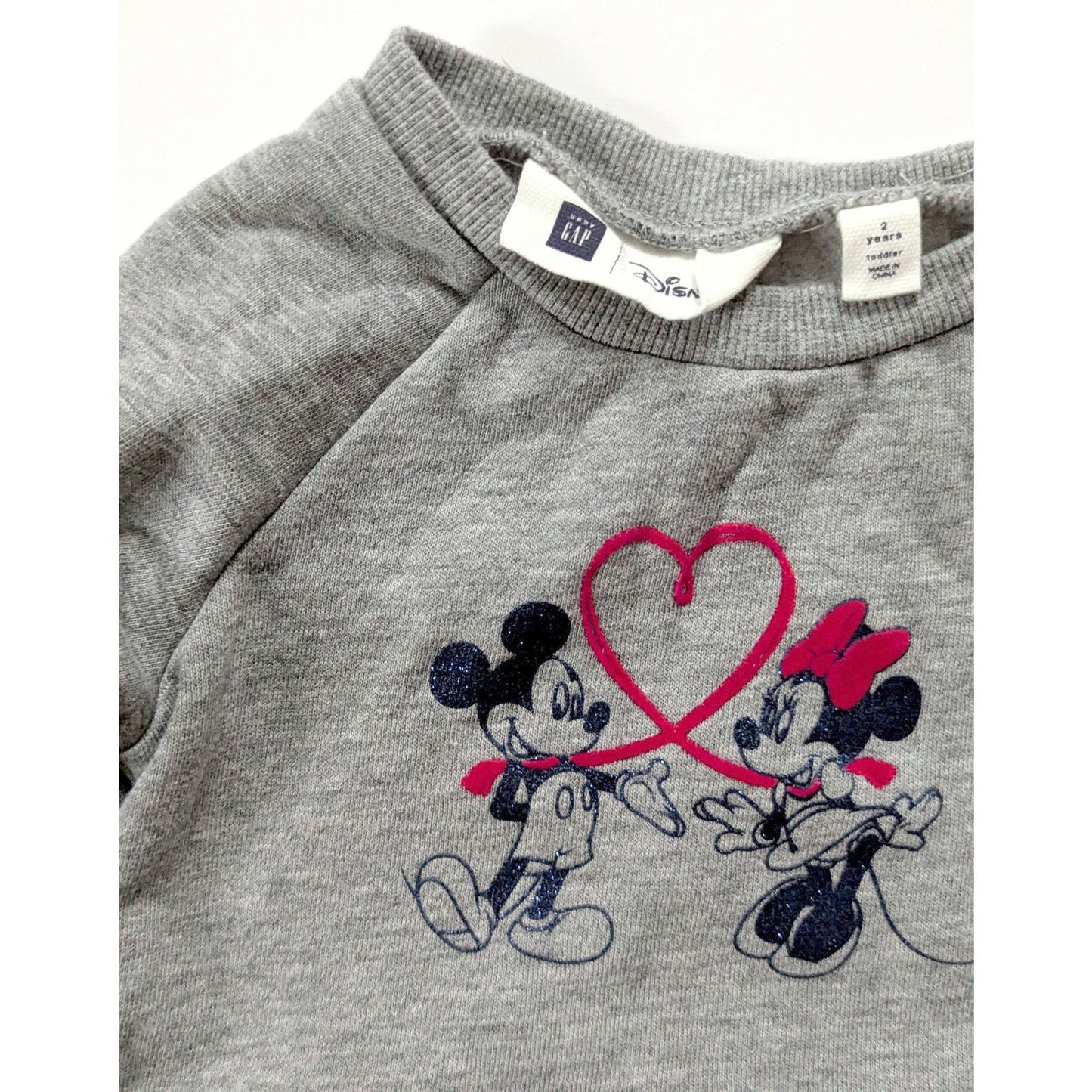 babyGap | Disney Mickey & Minnie Mouse Love Sweatshirt Dress | Toddler Girls 2T | Gray Top + Navy Glitter Tulle Skirt