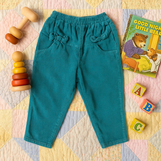 Vintage 1990s Girls Teal Corduroy Pants | Bow Accent, Elastic Waist, Side Pockets, Toddler Retro Clothing |  Toddler Size 2T