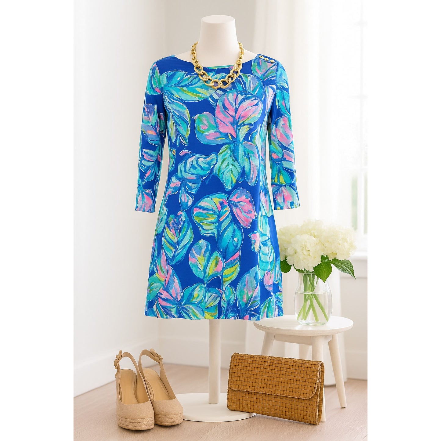 Lilly Pulitzer Marlowe Dress Lapis Blue Pop Up Jungle Hoppin 3/4 Sleeve Women's Size Medium
