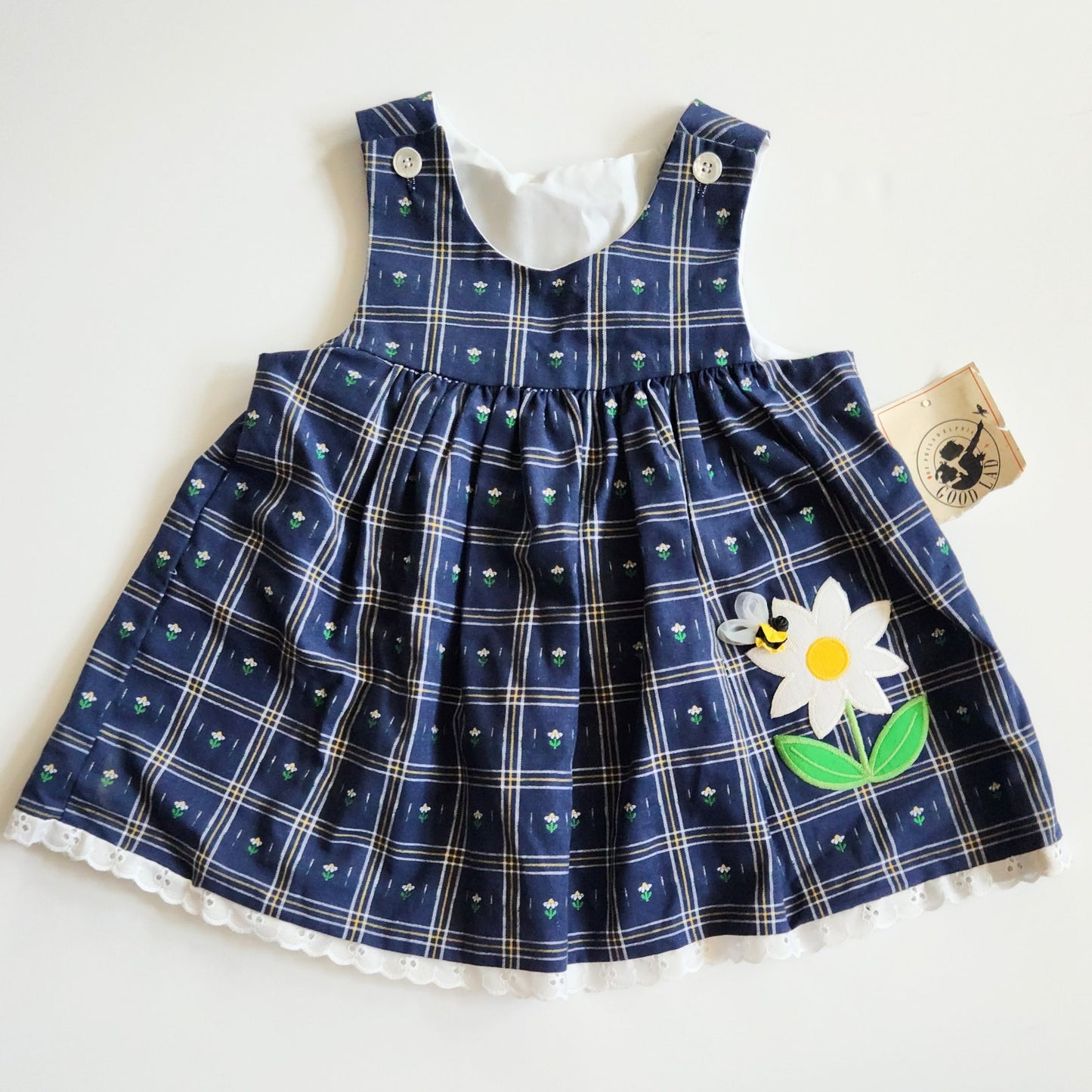 Vintage 1980s Good Lad Daisy & Bumblebee Jumper Dress | Baby Girl 18 Months | Navy Blue Plaid with Appliqué Flower & 3D Bee | Made in USA | NWT