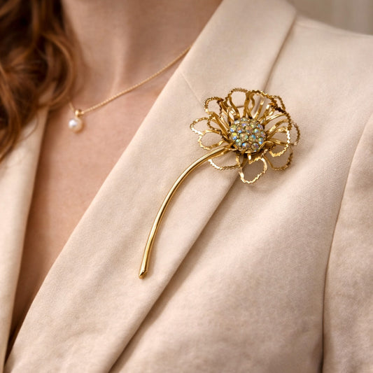 Sarah Coventry “Allusion” Brooch – Vintage Gold Floral Rhinestone Statement (c. 1960s–70s)