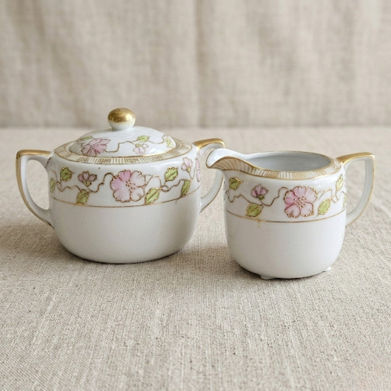 Antique Japanese Nippon Porcelain Cherry Blossom Creamer & Covered Sugar Bowl
