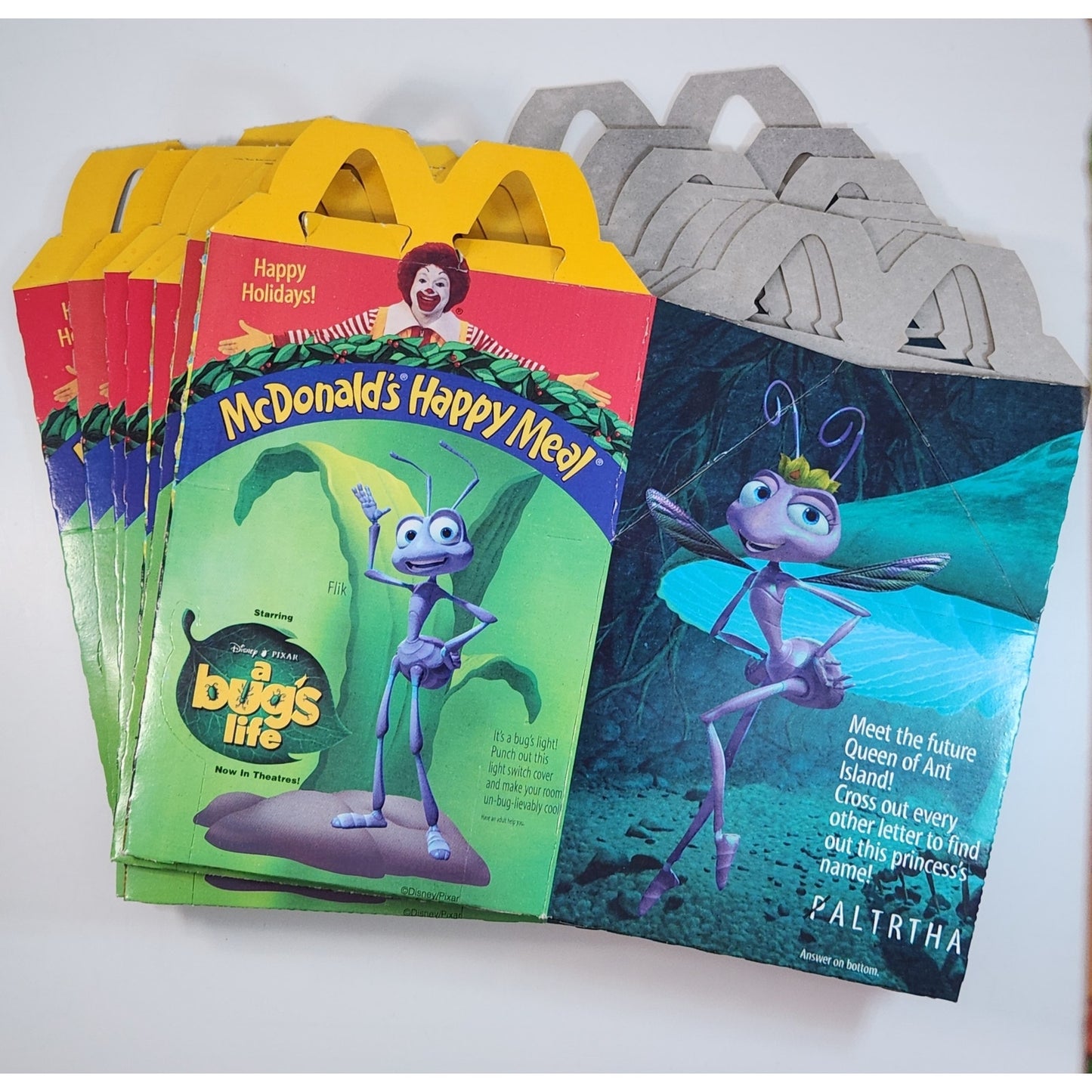 1998 McDonald’s Happy Meal Box – Disney Pixar A Bug’s Life Movie Promotion – Flik, Princess Atta, Dot, Hopper