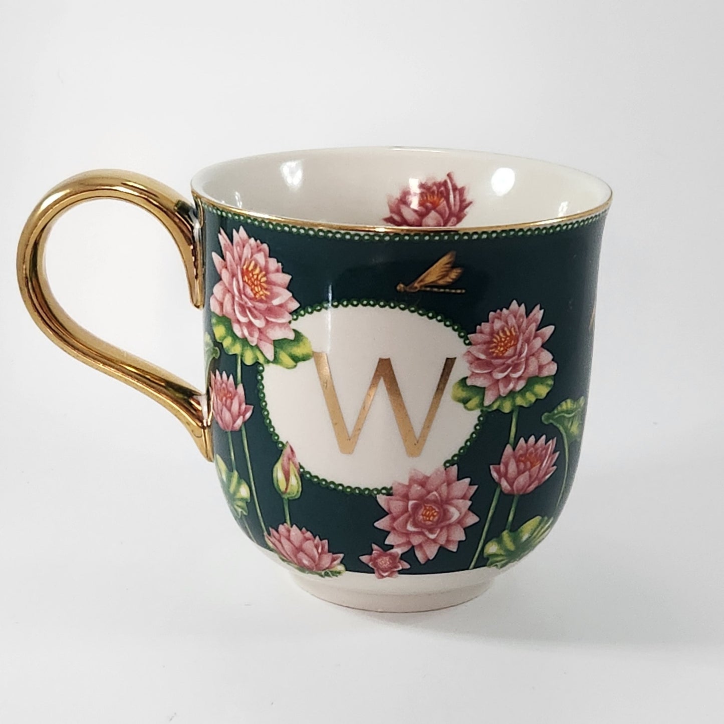 Anthropologie Lou Rota Monogram Mug “W” Green Floral Lotus Design w/ Gold Handle | Home